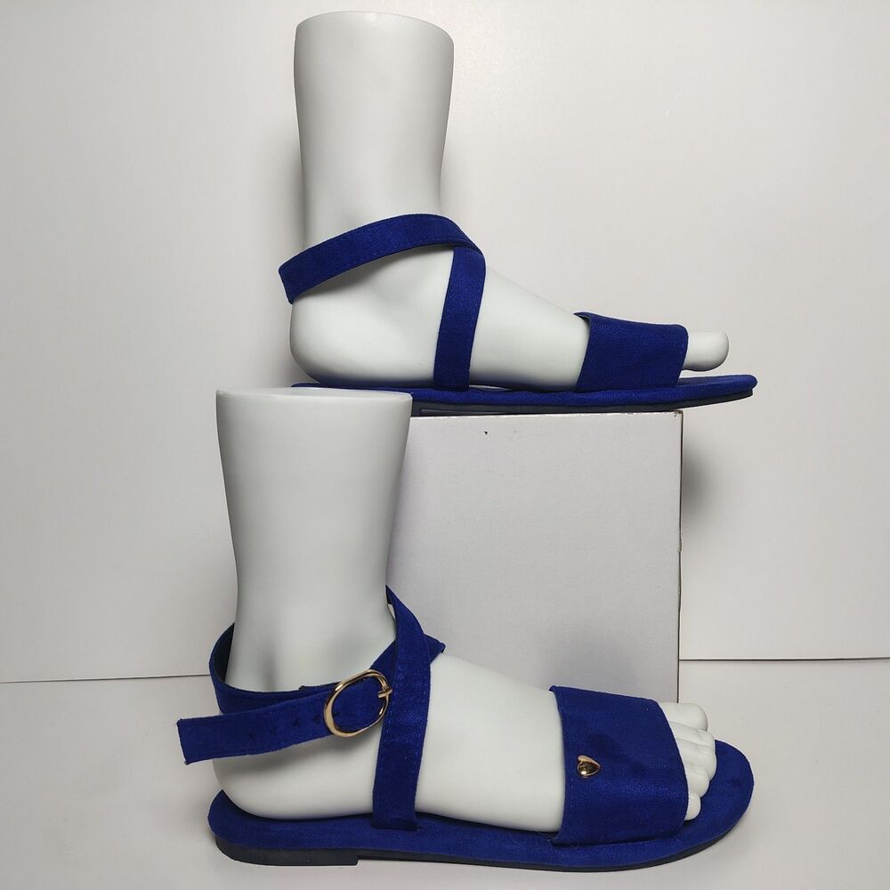 Women's 38 EUR Golden Heart Royal Blue Faux Suede Ankle Strap Flat Sandals